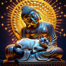 the style of Gustave Klimt, a Siamese cat sleeping in the lap of a sitting stone statue of a Buddha, completely relaxed. Modifiers: elegant dof photorealistic beautiful dynamic lighting 4K 3D cinematic postprocessing acrylic art focused stars neon glowi