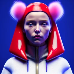 Russian woman, rounded face, purpurin made up, red, blue, pink, inflatable sweatshirt, feathers, latex, leather, soft color, highly detailed, art stations, concept art, smooth, unreal engine 5, god rays, ray tracing, RTX, lumen lighting, ultra detail, volumetric lighting, 3d, finely drawn, high definition, high resolution, neon background.