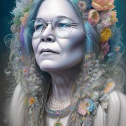 An old Hippie Janis Joplin in colorful clothes, flowers in their white hair. Faces are full of wrinkles, slight smiles, highly intricate, delicate detailed complex, vibrant colors by Laura Burch, Tom Bagshaw, water color by jean - baptiste monge, art by ivan gantschev and greg rutkowski. by sabbas apterus Nikon D850 trending on Artstation highly detailed digital painting ultra reallistic fantasy beautiful dynamic lighting hyperrealistic cinematic postprocessing concept art , beautiful eyes ,