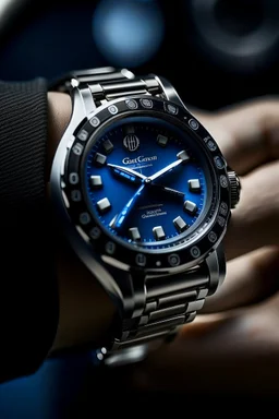 Generate an image of someone wearing the Cartier Diver watch in a professional environment, with a stable.cog in the background, reflecting a balance between work and style.