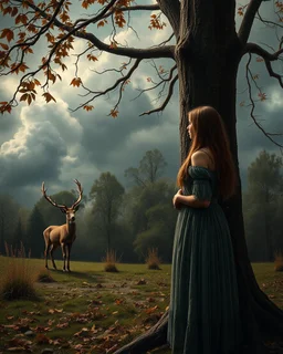 Bosch painting style, nightmare , a beautiful woman standing by the tree branches and leaves, looking at deer standing by great quality picture with cinematic scenes , heavy clouds in the background
