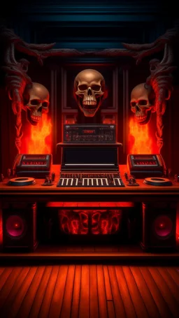 DJ of the damnded, insanely detailed DJ booth in hell, MID set, speakers and equipment made of bone, anatomically correct, add more skulls in th audience, photorealism, vray, 8k 3d https://stablecog.com/generate?o=a67b60e0-edd2-418d-9744-d1d585055d7f