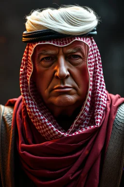 President Trump wearing Arabic head scarf and Arabic cloths , red skin, scales, unreal engine 6, high detail, intricate, cinematic. photoshoot style, intricate, studio lighting, masterpiece , highly detailed, 8k, best quality, fire, smoke, dramatic,d,<lora:mshn:0.7>,<lyco:Warrior_Couture:0.5>,