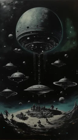 A black outer space with UFOs made out of iron painted by Karl Wiener