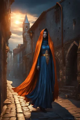 The ancient banshee Shadow of Death walking the streets of a medieval city. Horror setting. fantasy art, blue and orange, gold, silver, copper, marble Cinematic lighting, Volumetric lighting, Epic composition, Photorealism, Very high detail, Character design, Unreal Engine, Octane render, HDR, Subsurface scattering