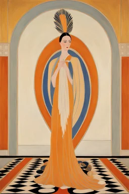 a woman with feathers in an Art Deco foyer by artist "Hilma af Klint"by artist "Erté"