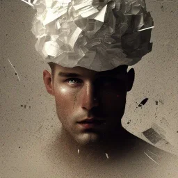 rendered in blender trash bag on his head and crumpled paper as a texture, collage paper and tape, slit - scan photography, high resolution, cinematic, unreal 6, breathtaking detailed