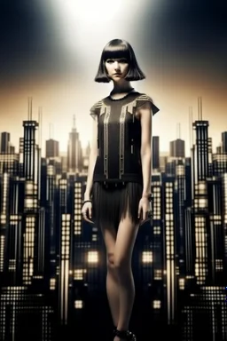 full body picture of a skinny woman with a bob, a fringe black hairstyle, 1920s flapper clothing, futuristic city background