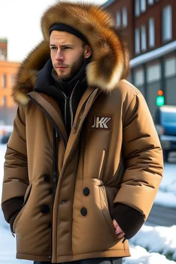 Men's coat that has fur and contains the word jiks