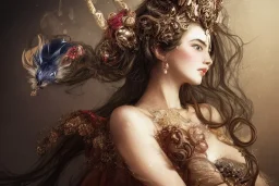 princess in ball gown with a mouse on her head, By Huang Guangjian, Karol Bak, Georg Friedrich Kersting, Eugene de Blass, Arthur Rackham. Head and shoulder portrait, perfect body, 16k resolution photorealistic concept art portrait dynamic lighting hyperdetailed intricately detailed Splash art trending on Artstation triadic colors volumetric lighting, Greg Rutkowski