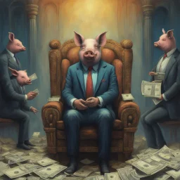 rich pig in suit on a throne making stacks of money by making a deal with a buisnessman. background of musicians. Payday payday. beksinski style.