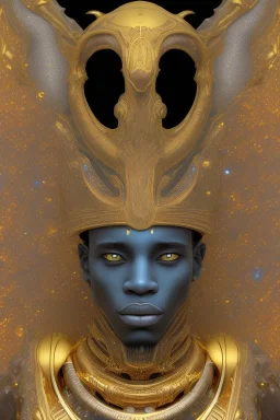 black male African Egyptian alien, cracks in the voodoo head, wicked, diamond eyes, crown, blood, 8k, finely detailed, photo realistic, leopard robe turquoise skull head gold dragon space alien rain skeleton gold teeth silver crown silver space suit spaceships