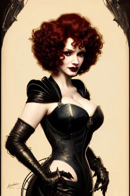 painting of christina hendricks as evil queen in black leather, feminie, angry, volouptous, busty, cleavage, emperious, mature, highly detailed, digital painting, artstation, concept art, smooth, sharp focus, illustration, art by gaston bussiere and alphonse mucha