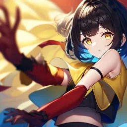 Clear focus,High resolution, Black short fluffy hair, and yellow eyes, wearing a black short skirt, sleeveless crop top, wearing long dark red gloves, yellow cloak