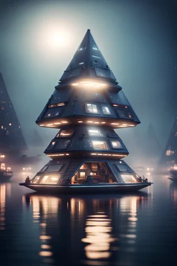 a misty pyramid shaped modular house boat that looks like a dark twisted alien space ship with spotlights, in advanced hi tech dock, bokeh like f/0.8, tilt-shift lens 8k, high detail, smooth render, down-light, unreal engine, prize winning