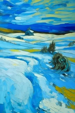 A sky blue tundra with very cold snow painted by Vincent van Gogh