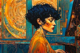 create an abstract expressionist, highly ethereal, darkly magical illustration of a deeply sorrowful, woman with short cropped hair, at her piano, with highly detailed and deeply cut facial features, in the style of GUSTAV KLIMT, PABLO PICASSO, combined with the comic art style of BILL SIENKIEWICZ and JEAN GIRAUD MOEBIUS, searing lines and forceful strokes, precisely drawn, boldly inked, and darkly colored