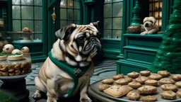 A beige pug wearing a Slytherin robe eats Pozsony cookies in the Hogwarts garden at Christmas. In the background, wizards fly on broomsticks and throw snowballs at each other. Movie-like environment.