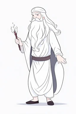 Disney style, white hair, white skin, white beard, coloring book, minimalism, simple lines, white background, STICKER, WHOLE BODY, A CUTE man with staff in his hand, long white beard, flowing hair, and long tunic, sandals, open arms, A detailed illustration, in the style of Studio Ghibli, 3D vector art, cute and quirky, fantasy art, Adobe Illustrator, hand-drawn, low-