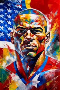 an expressive painting of the Olympic flag painting, with American flag in the background, we might see a companion with features of absolute strength and determination, blended with warmth and deep faith. Perhaps his face expresses wisdom and courage, with eyes radiating confidence and faith.