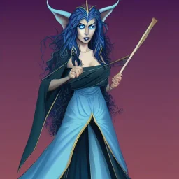 dungeons and dragons character, female elven sorcerer, dark blue dress, long curly dark hair, blue eyes, mysterious facial expression, close-up