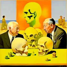 Putin, President Xi Of China And Joe Biden Play Chess With A Pigeon,Ufo And Atomic Bomb Mushroom Cloud,Complex Surgical Instruments Intermixed With A Newborn Boy,Minimalism,Painting By Adrian Ghenie,Rene Magritte,Pablo Picasso,Michelangelo,Salvador Dali,Lucian Freud