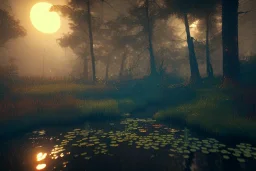  moonshine , swamps , projects, unity, scriptable render pipeline , red tone, volumetric lighting.