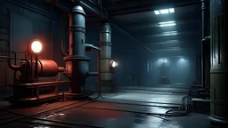 An abandoned factory transformed into an eerie laboratory, with a network of taps and pipes running through the room. The matte painting captures the industrial machinery and flickering light, enhancing the dark atmosphere. A fire hydrant stands as a symbol of the lost place, adding an element of intrigue to the scene.