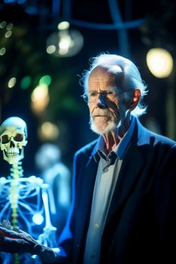 portrait of flashy transparent old man scientist in the zoo showing of his glowing skeleton, zeiss prime lens, bokeh like f/0.8, tilt-shift lens 8k, high detail, smooth render, down-light, unreal engine, prize winning