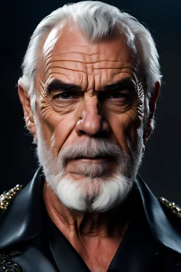 Sean connery as a 55 year old muscular male with salt and pepper hair. His beard is neatly trimmed. Dark Fantasy, hyperrealistic