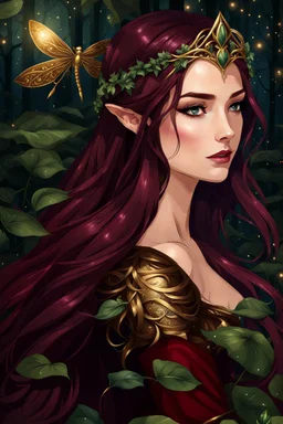 Burgundy hair, dark hair,dark red , rapunzel hair,very long hair,dark fairy princess,elven crown,night,dragonflies,beautiful,ong ashes,golden armor ,sparkle,night blooming,ivy,dark green,lilly of valley,golden elven crown,elven warrior,dark gold armor