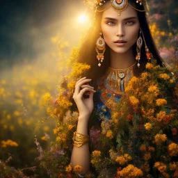 subtle indigenous, beautiful portrait, flowery landscape, light, sun