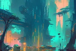 Cyberpunk City near the trees, blade runner influence, sci-fi, impressionism painting