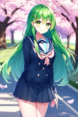 girl, masterpiece, best quality, cinematic lighting, detailed outfit, vibrant colors, perfect eyes, long hair, green hair, green eyes, hairclip, outdoors, ray tracing, god rays, in spring, cherry blossom, sparkle, depth of field, smile, school outfit,