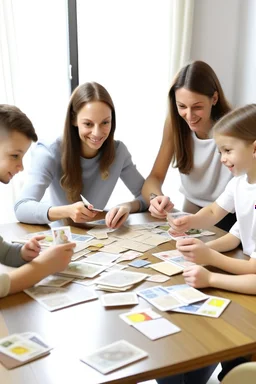 image d’une famille jeune autour d’une table avec des cartes