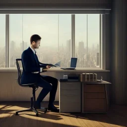 man sitting at his desk wearing a suit in an office, beautiful view of the city from his window, dramatic, dramatic lighting, volumetric lighting, hyperrealism, 8k, high quality, photorealistic, lot of details