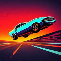 art deco, cyberpunk, neon muscle cars race, desert road, sunset, full colour, hd,