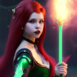 Attractive teenage girl with red hair who is dressed like a witch casting a spell with a quarterstaff, magic is in the background, green eyes, background is realistic space, goth girl dress, full body portrait, arm colors gradient effect into stars, rendered, unity 3d, unreal engine, dslr, hdr, 4k, edited, photorealistic, normal number of appendages, freckles, artists rendering