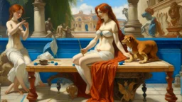 Oil painting of a nude white woman, around 25 years old, with auburn hair in a braid, wearing a blue jester hat, sitting on a stone pedestal with a lion head, seen from behind. In the background, two figures in a gondola, one playing a lute and the other rowing, both wearing elaborate costumes and masks. The scene is set in a Venetian-style palace with golden columns and arches. The painting style is reminiscent of the Old Masters, with soft, diffused lighting and a warm color palette. The brush