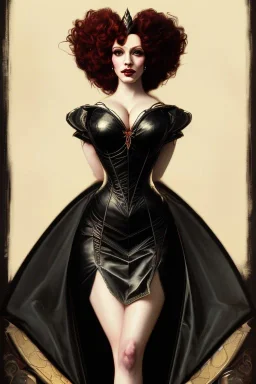 painting of christina hendricks as evil queen in black leather, feminie, angry, volouptous, busty, cleavage, emperious, mature, highly detailed, digital painting, artstation, concept art, smooth, sharp focus, illustration, art by gaston bussiere and alphonse mucha