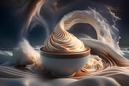 Photoreal vortex at sea made from hot chocolate and whipped cream shrouded in caramelfog at night