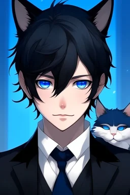 An attractive man with bright blue eyes, messy black hair, cat ears on his head, dressed like a butler, realistic anime