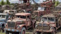 A reddish gray trashed junkyard with broken down construction vehicles designed in Hawaiian tiki statues painted by Claude Monet