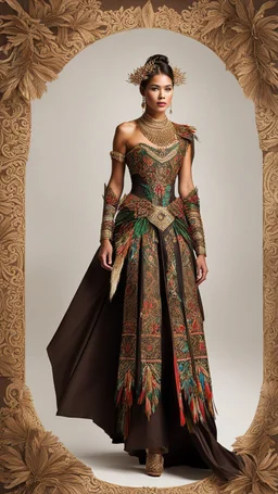 "Create an image depicting a stunning Philippines national costume. The dress should be inspired by the majestic carabao, incorporating its features such as the strong yet elegant demeanor, incorporating shades of deep brown resembling the carabao's hide. The silhouette should echo the curves and gracefulness of the animal, with intricate embroidery or beadwork reminiscent of the carabao's horn patterns. The dress should exude both strength and beauty, displayed elegantly on a mannequin to showc