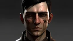 Fair skinned male, square head and jaw, dark brown hair that stands up slightly, tall and well built, black bloodshot eyes
