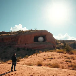 Fotografia di un paesaggio collinare con cielo illuminato da forte luce solare e una costruzione in stile brutalista, ricavata su una parete rocciosa rossa. L'immagine ha un'estetica surreale, in cui i dettagli architettonici e i personaggi contribuiscono a creare un'atmosfera di isolamento. Persone osservano. Il cielo limpido e le nuvole bianche contrastano con lo scenario in primo piano, accentuando l'atmosfera sospesa e drammatica