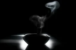 A close-up of a glowing cigarette in an ashtray, the smoke forming the delicate silhouette of an embracing couple, its gray wisps contrasting with the black background