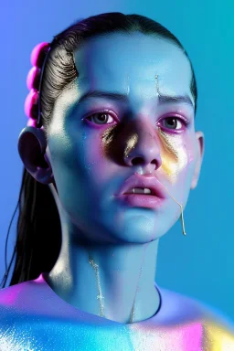 Ultra Realistic image, Rosalía artist, waist up portrait, black eye line, sweet angry face, spray line make up, geometric, rings piercing, led ornament, bubble latex coat, cold, led lights, pop style, pink, blue, gold, vibrant color, highly detailed, art stations, concept art, smooth, unreal engine 5, god rays, ray tracing, RTX, lumen lighting, ultra detail, volumetric lighting, 3d, finely drawn, high definition, high resolution.