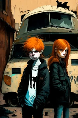 graffiti style, dark colors, boy 13 years old, ginger hair, girl 15 years old, brown hair, boy 14 year boy, ginger hair, chubby, 3 black cats, old town, white van in background