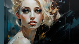 Blonde Pale Very Thin Scandinavian Woman 30yo, Big Eyes, Long Eyelashes And Eye Shadow, on steve Roger's lap kissing :: by Robert McGinnis + Jeremy Mann + Carne Griffiths + Leonid Afremov, black canvas, clear outlining, detailed